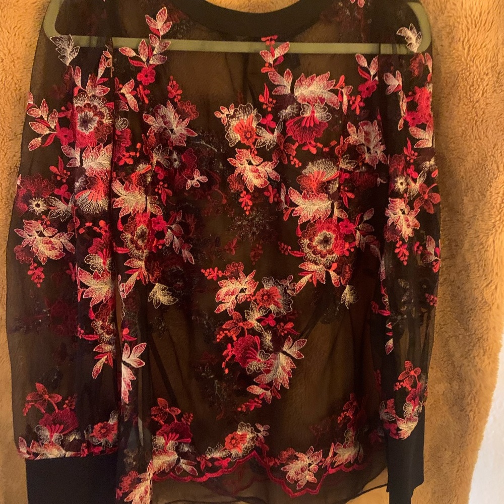 BCBGImaxazria. Black and red embroidered blouse. Medium